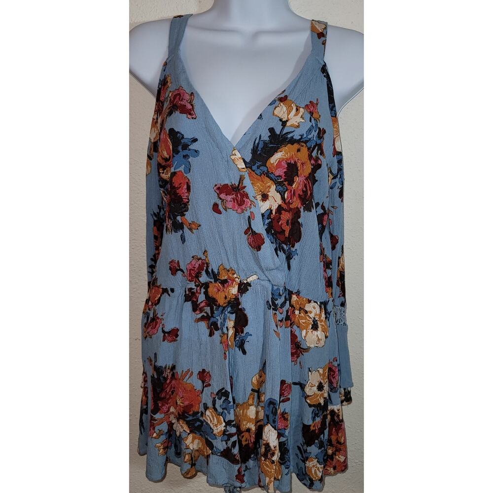 Chelesa & Violet Blue Floral Cold Shoulder Women's Short Romper L Long Sleeves
